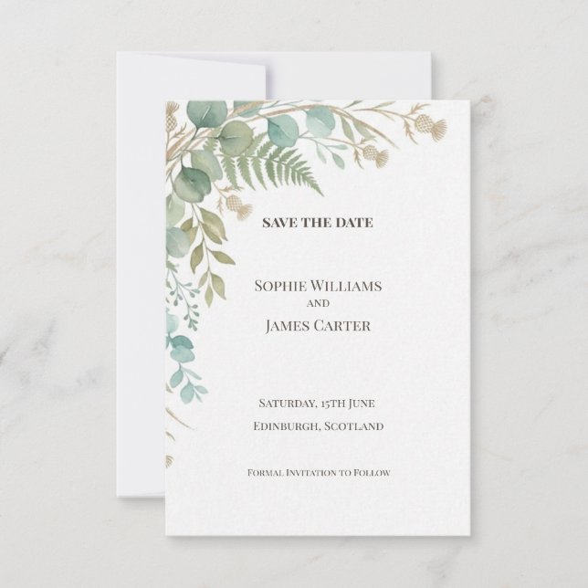 Scottish Fern Greenery Save the Date Card (Front)