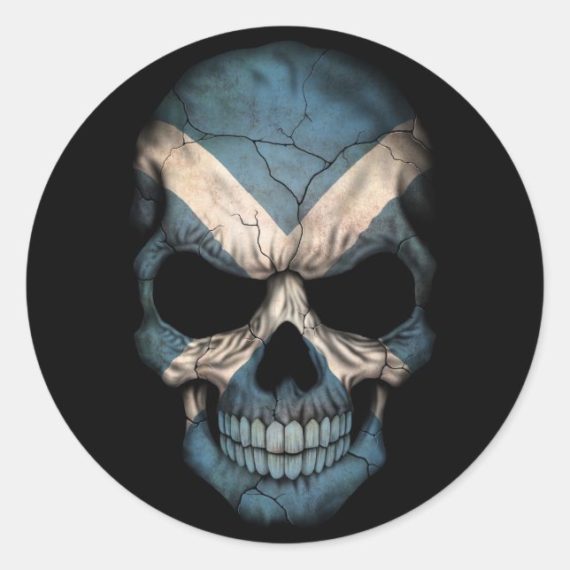 Scottish Flag Skull on Black Classic Round Sticker (Front)