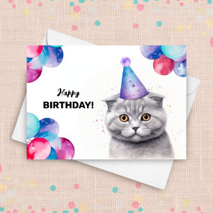 Scottish Fold Cat Balloons and Party Hat Birthday Card