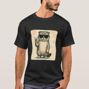 Scottish Fold Cat Sunglasses Rock Music Funny Retr T-Shirt