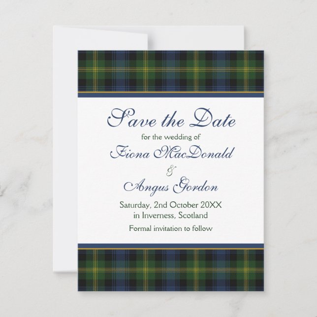 Scottish Gordon Tartan Wedding Save the Date Card (Front)