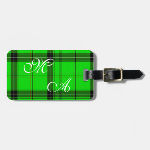 Scottish Green Tartan Plaid Fabric With Monogram Luggage Tag