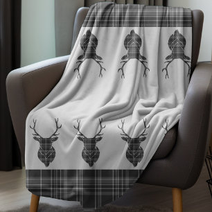 Scottish Grey Tartan Rustic Stag Head Antler Fleece Blanket