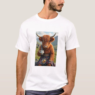 Scottish Hairy Coo Cow having tea t-shirt