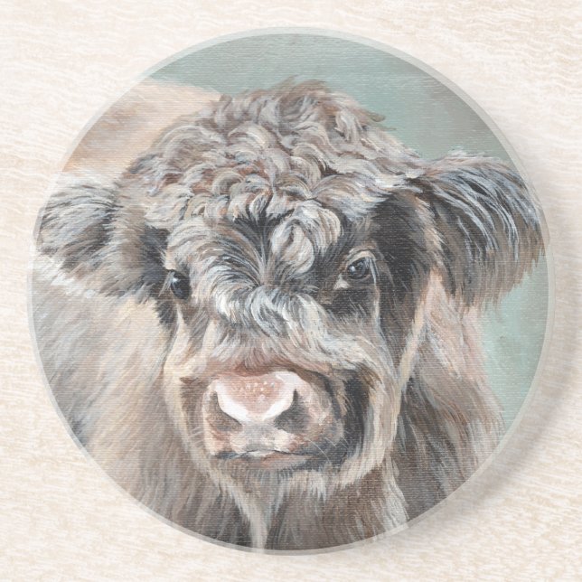 Scottish Highland Calf on Green Coaster (Front)