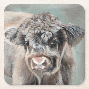 Scottish Highland Calf on Green Square Paper Coaster