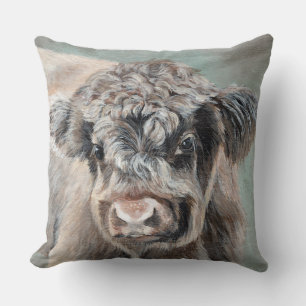 Scottish Highland Calf on Green Throw Pillow