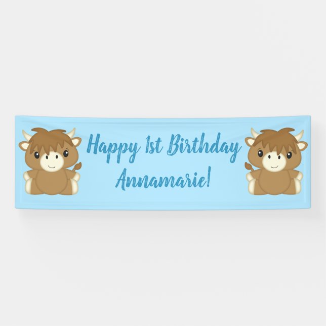 Scottish Highland Coo Cow Birthday Party Banner (Horizontal)