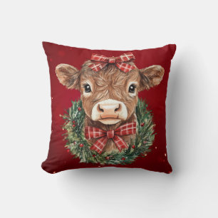 Scottish Highland Cow at Christmas Time Throw Pillow