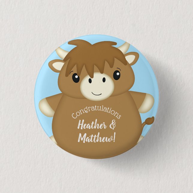 Scottish Highland Cow Baby Shower Blue 1 Inch Round Button (Front)