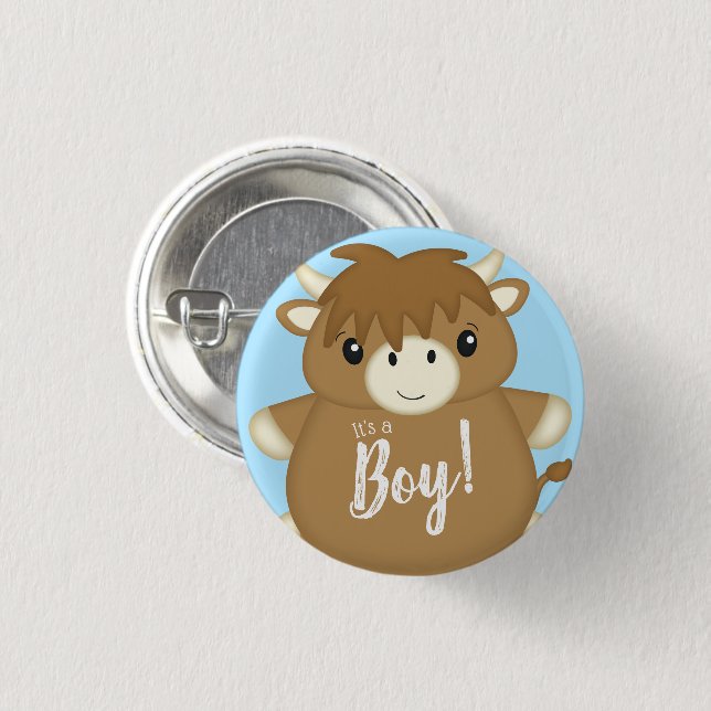 Scottish Highland Cow Baby Shower Blue 1 Inch Round Button (Front & Back)