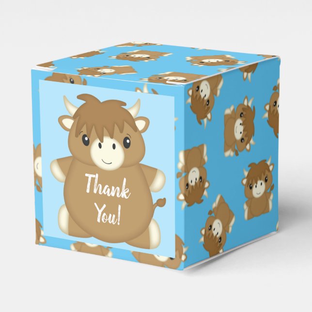 Scottish Highland Cow Baby Shower Blue Favor Box (Front Side)