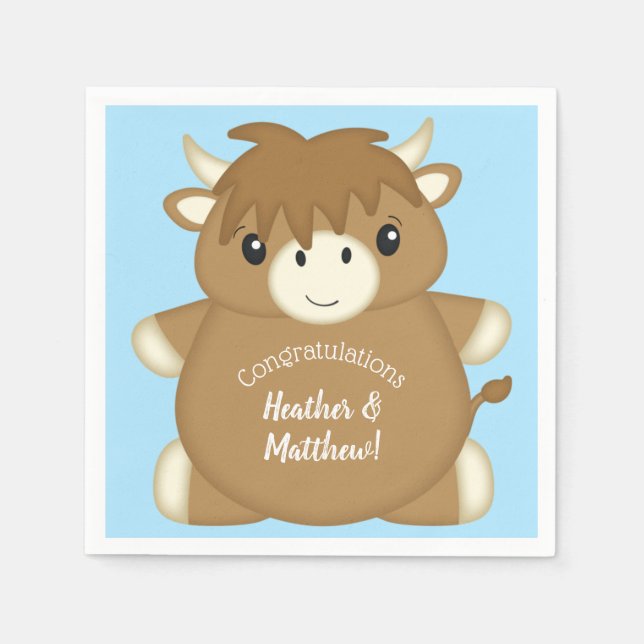 Scottish Highland Cow Baby Shower Blue Napkin (Front)