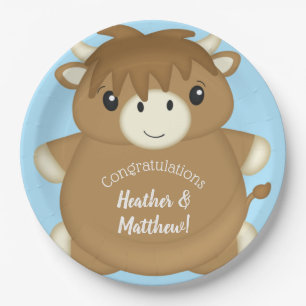 Scottish Highland Cow Baby Shower Blue Paper Plate