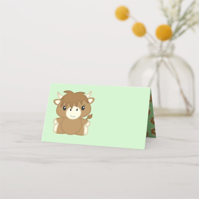 Scottish Highland Cow Baby Shower Green Place Card (Front)