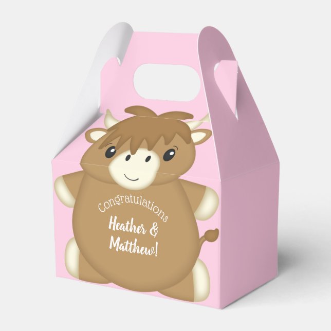 Scottish Highland Cow Baby Shower Pink Favor Box (Front Side)