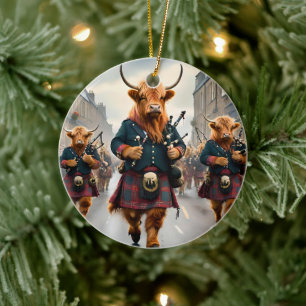 Scottish Highland Cow Bagpipe Parade, Ceramic Ornament