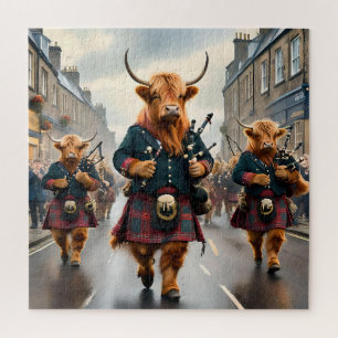 Scottish Highland Cow Bagpipe Parade, Jigsaw Puzzle