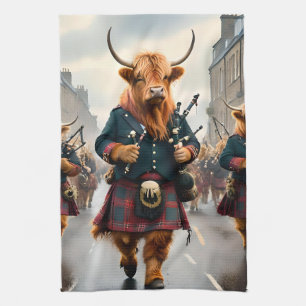 Scottish Highland Cow Bagpipe Parade, Kitchen Towel
