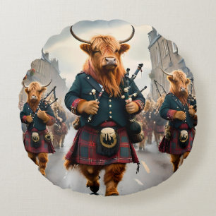 Scottish Highland Cow Bagpipe Parade, Round Pillow