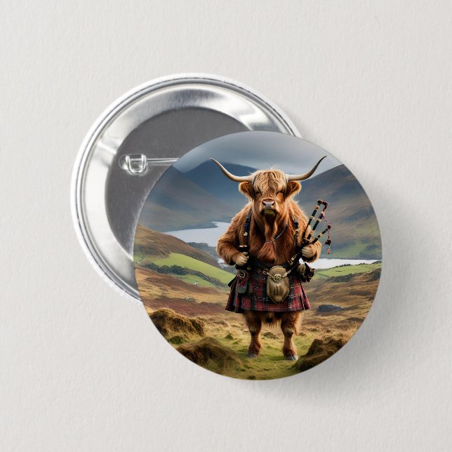 Scottish Highland Cow Bagpiper, 2 Inch Round Button (Front & Back)