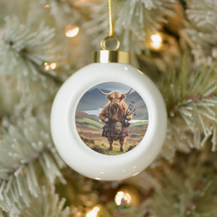 Scottish Highland Cow Bagpiper,  Ceramic Ball Christmas Ornament