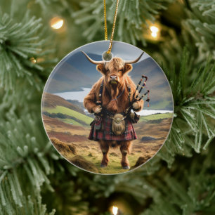 Scottish Highland Cow Bagpiper,  Ceramic Ornament