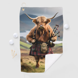 Scottish Highland Cow Bagpiper, Golf Towel