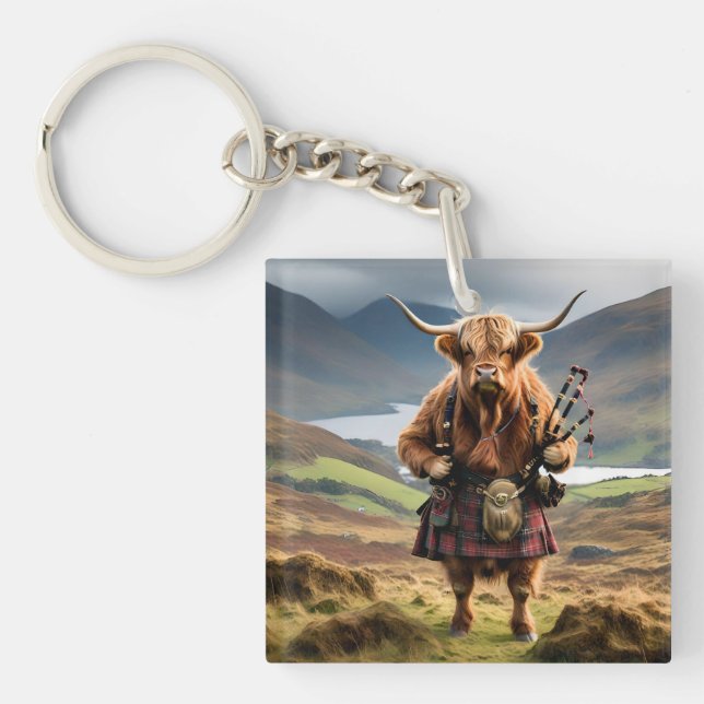 Scottish Highland Cow Bagpiper, Keychain (Front)