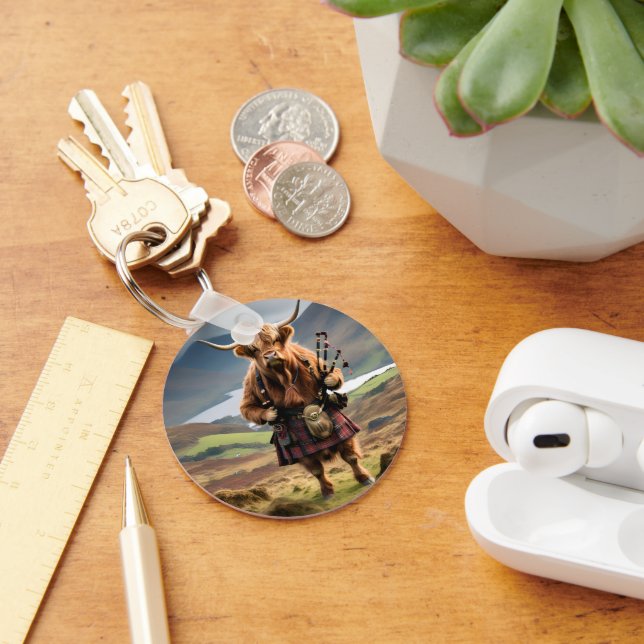 Scottish Highland Cow Bagpiper,  Keychain (Desk)
