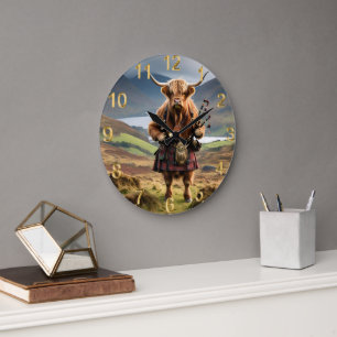 Scottish Highland Cow Bagpiper, Large Clock