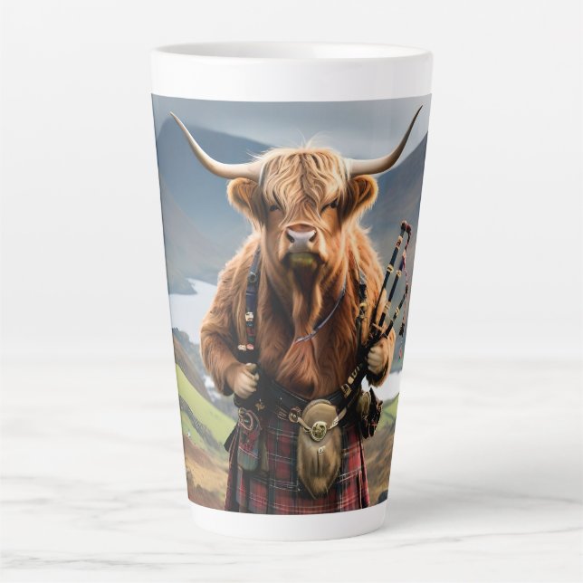 Scottish Highland Cow Bagpiper, Latte Mug (Front)