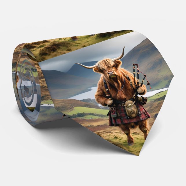 Scottish Highland Cow Bagpiper, Neck Tie (Rolled)