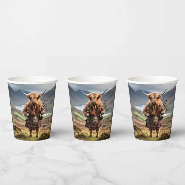 Scottish Highland Cow Bagpiper, Paper Cups (Multi)