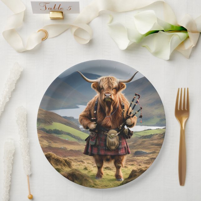 Scottish Highland Cow Bagpiper, Paper Plate (Wedding)