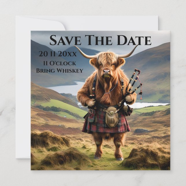 Scottish Highland Cow Bagpiper, Save The Date (Front)