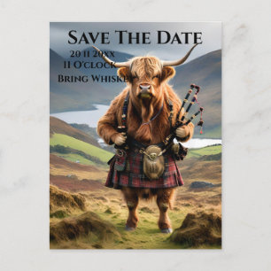 Scottish Highland Cow Bagpiper, Save The Date Postcard