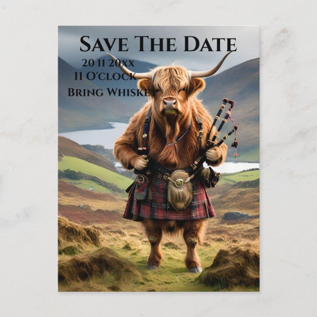 Scottish Highland Cow Bagpiper, Save The Date Postcard (Front)