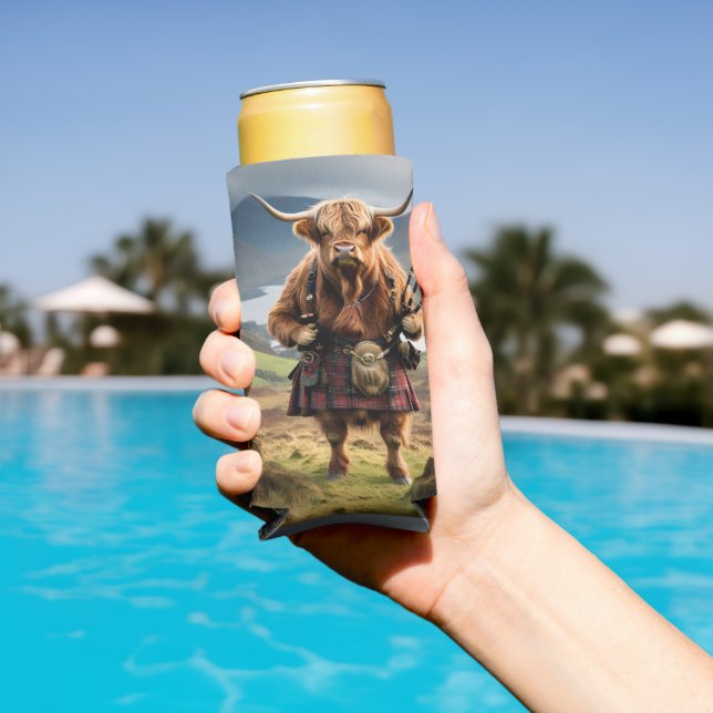 Scottish Highland Cow Bagpiper, Seltzer Can Cooler (In Situ Pool)