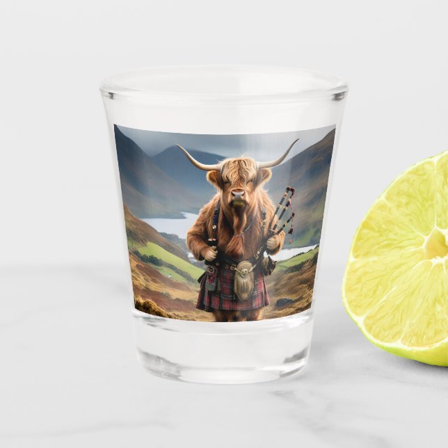 Scottish Highland Cow Bagpiper,  Shot Glass (Front)