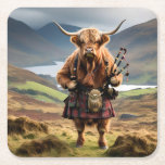 Scottish Highland Cow Bagpiper, Square Paper Coaster<br><div class="desc">Pictured In His Clan Tartan Is A Highland Cow Bagpiper.</div>