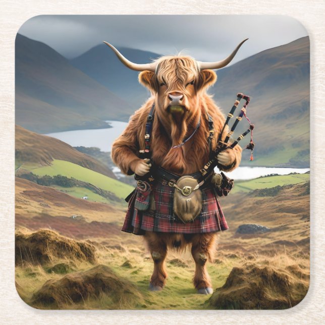 Scottish Highland Cow Bagpiper, Square Paper Coaster (Front)