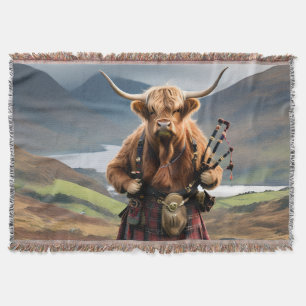 Scottish Highland Cow Bagpiper, Throw Blanket