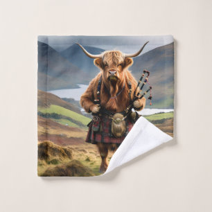 Scottish Highland Cow Bagpiper,  Wash Cloth