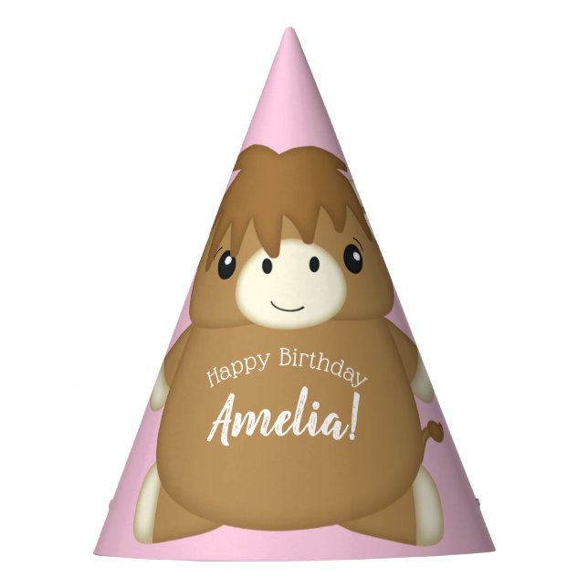 Scottish Highland Cow Birthday Party Pink Party Hat (Front)