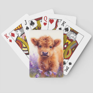 Scottish Highland Cow Calf Purple Wildflowers Playing Cards