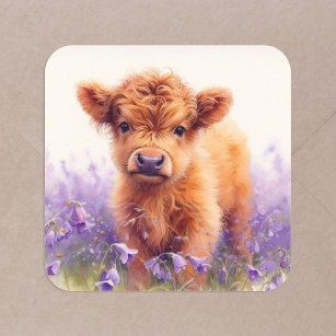 Scottish Highland Cow Calf Purple Wildflowers Square Sticker