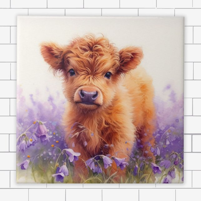Scottish Highland Cow Calf Purple Wildflowers Tile (Creator Uploaded)