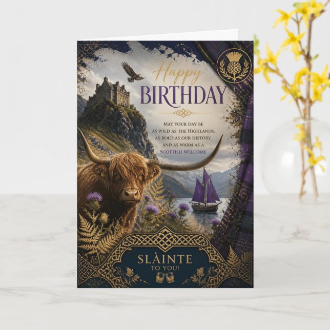 Scottish Highland Cow & Castle Birthday Card (Yellow Flower)