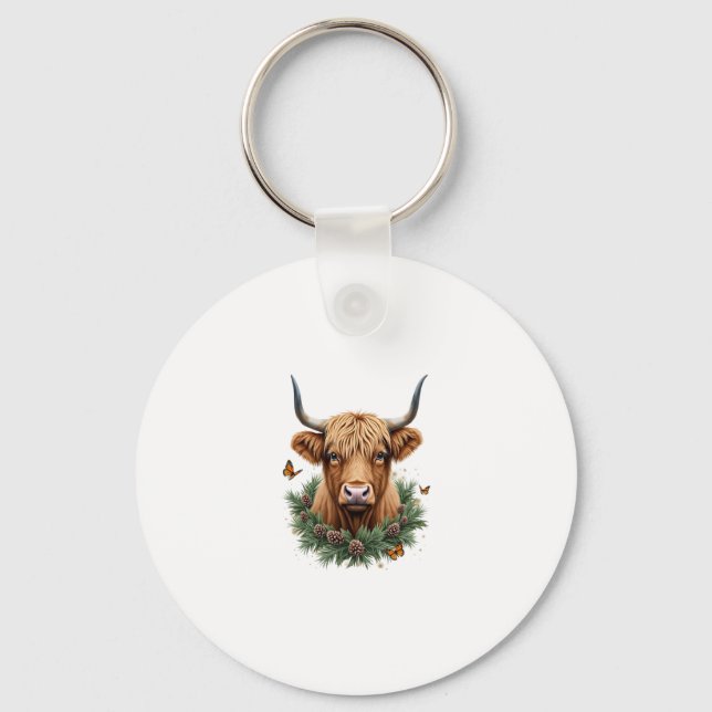 Scottish Highland Cow Cattle Hairy Cow Christmas W Keychain (Front)